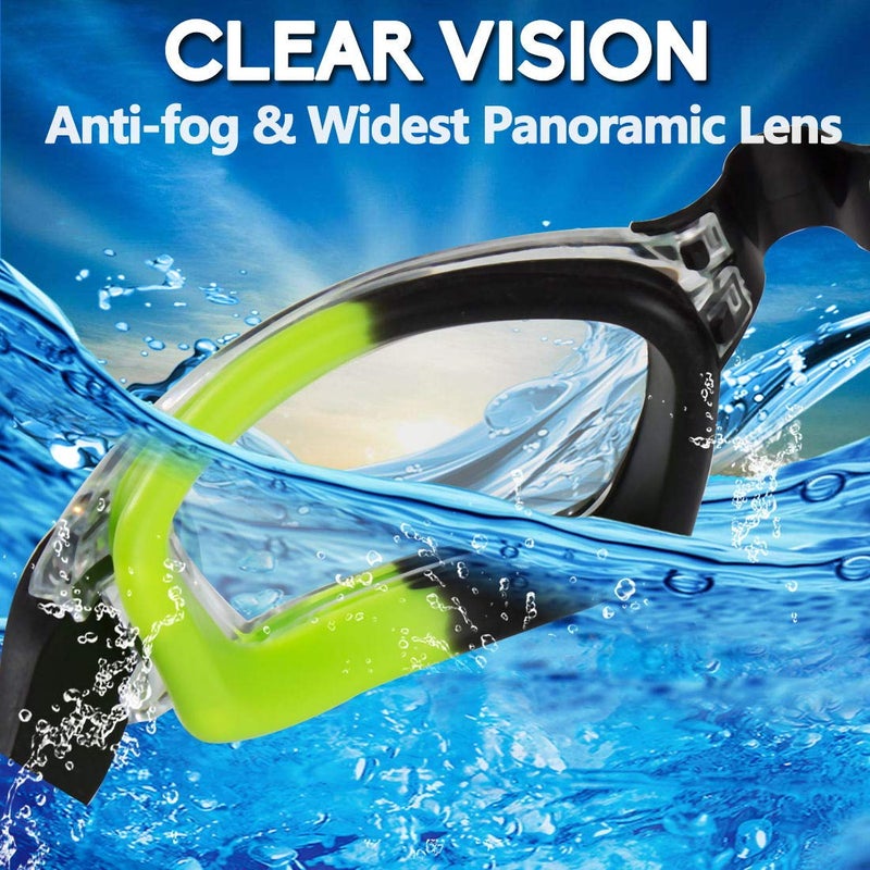 EverSport Kids Portable Swim Goggles, Pack of 2 Swimming Goggles for Children Teens, Anti-Fog Anti-UV Youth Swim Glasses Leak Proof for Age4-16, Green/Black & Green - Image 2
